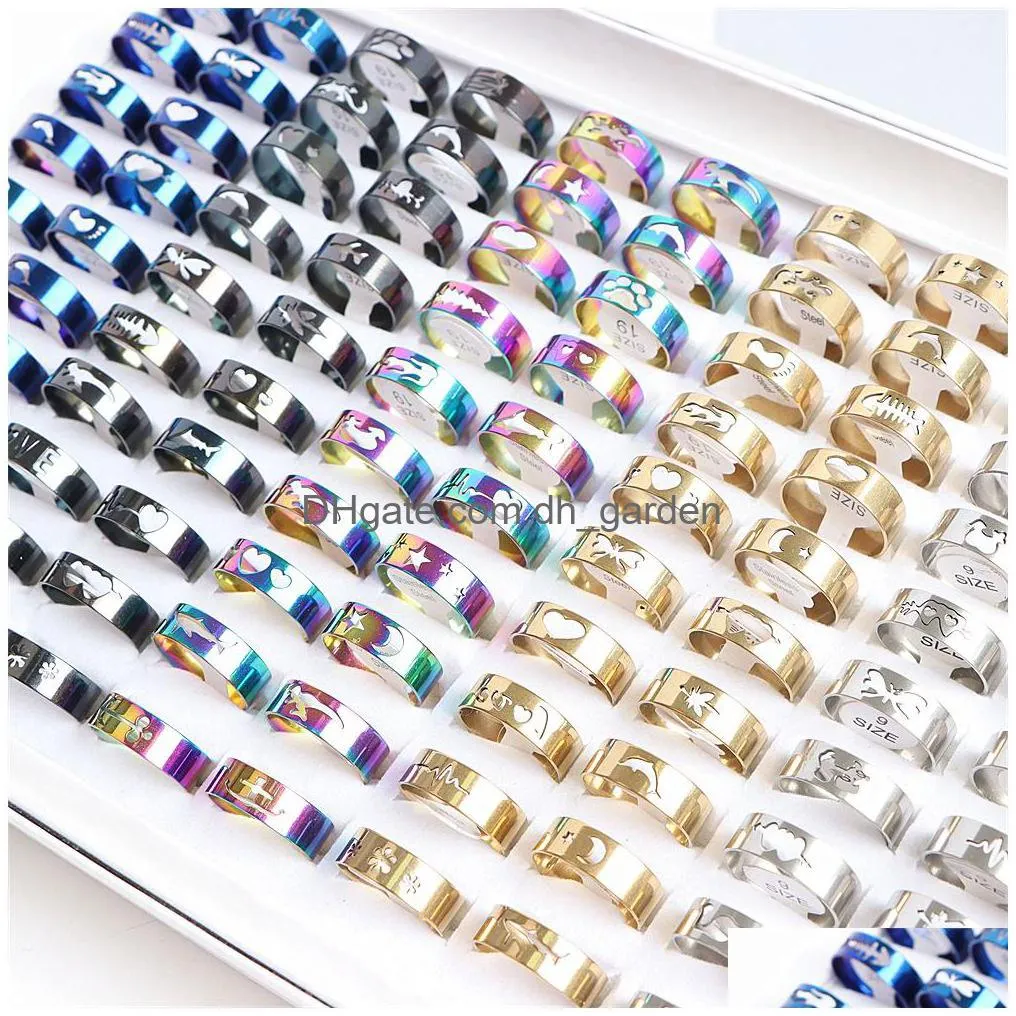 50pcs/lot fashion hollow stainless steel rings couple mix style colorful jewelry for women men no fade party gift wholesale