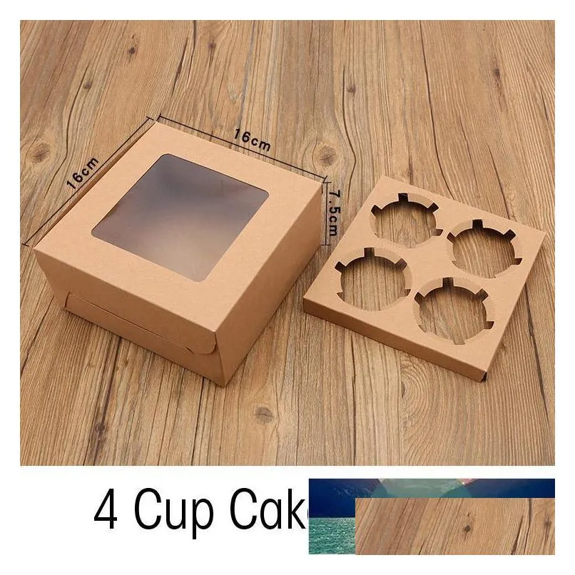 gift wrap cupcake box with window packaging for wedding home party 4 cup cake holders white brown kraft paper customized1