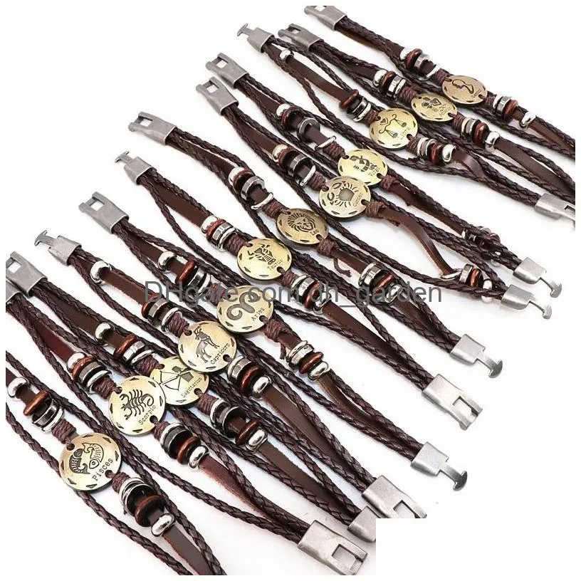 wholesale 36pcs/lot constellations leather bracelet retro brown multilayer buckle punk woven zodiac bangle for men women