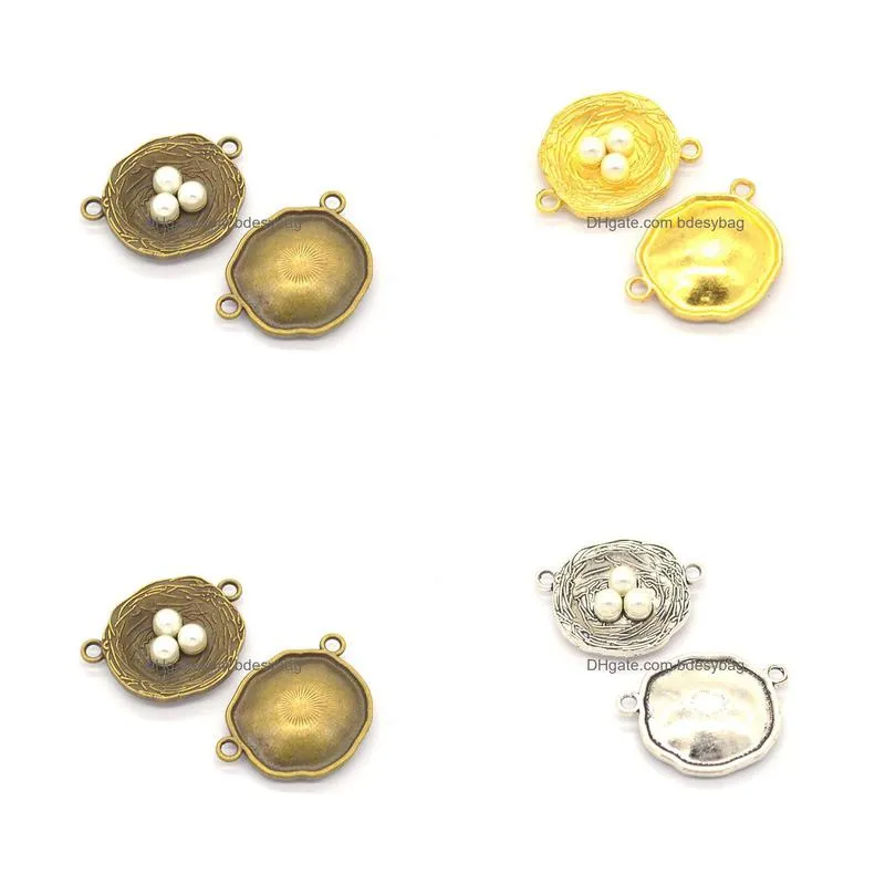 100 pcs bird nest connector charms with 3 faux pearl egg 22x30mm good for diy craft jewelry making