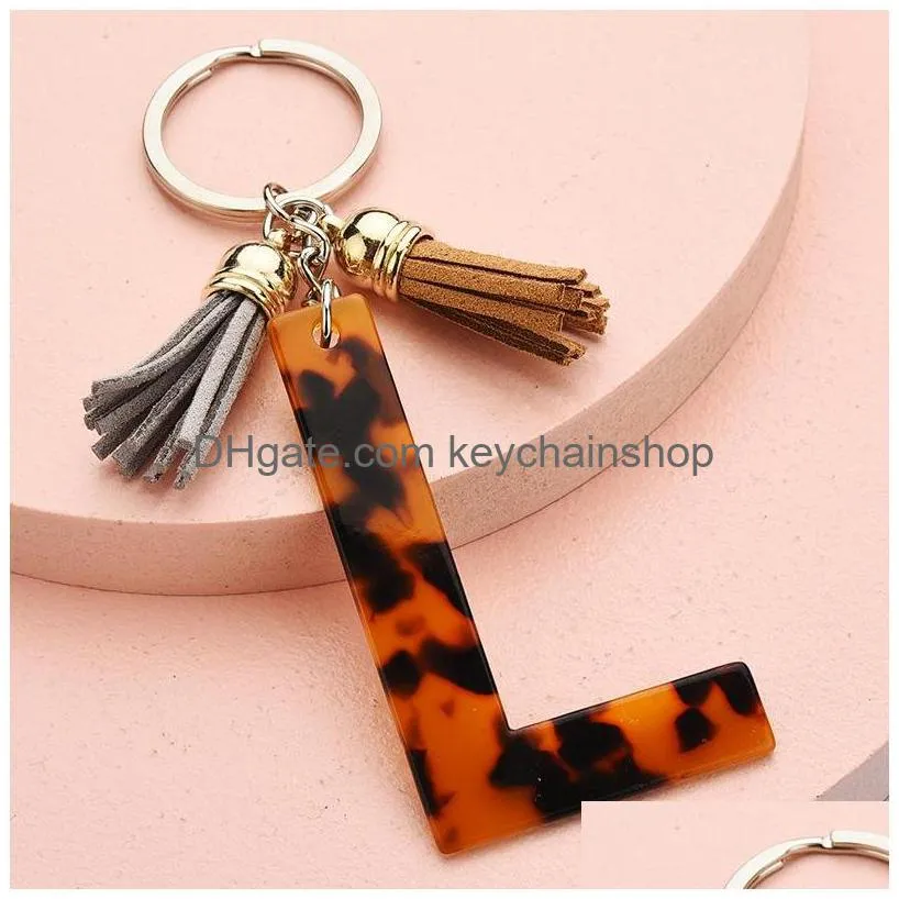 26 english letter key chains leopard print acrylic amber decorative pattern tassels keyring jewelry pendant bag accessories 3 6ws q2