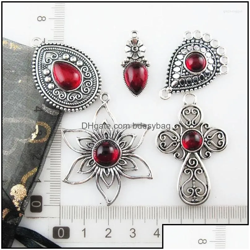 charms fashion sunflower teardrop rose cross red glaze tibetan silver plated pendants retro