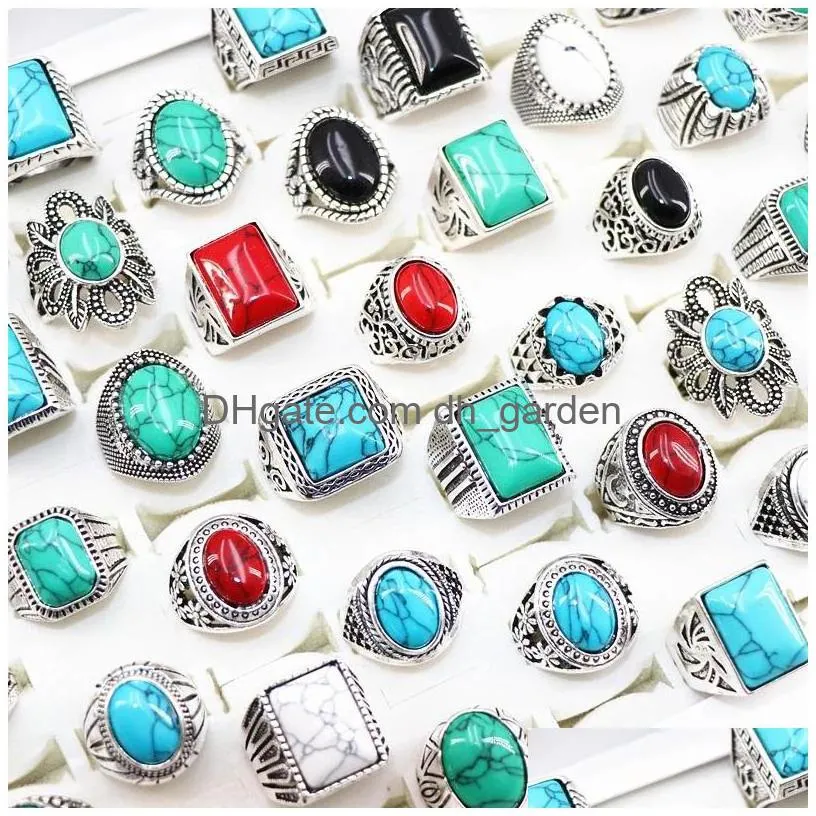 fashion turquoise stone antique silver rings for mens womens jewelry mix style size 17mm to 21mm