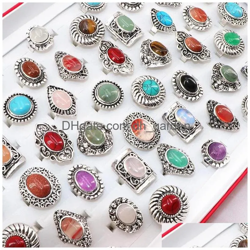 wholesale vintage natural stone flower patten jewelry rings for women party gift wedding size 16 to 20mm