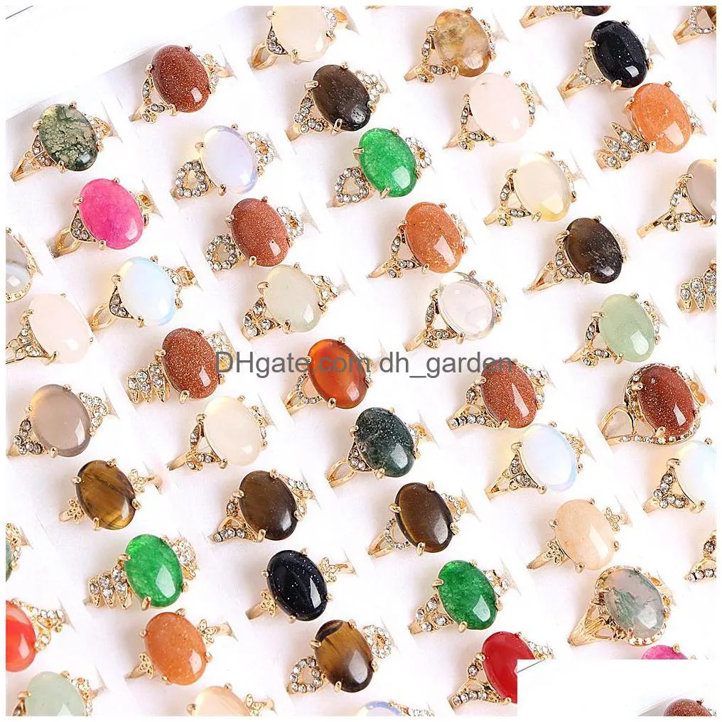 20pcs/lot fashion colorful rhinestone nature stone rings jewelry for women men wedding gold silver plated mix size style party gift