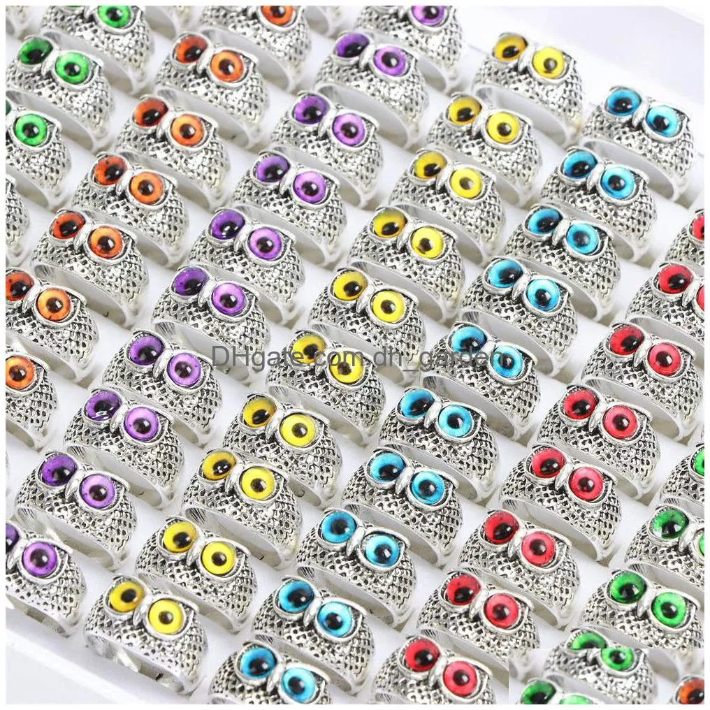 punk vintage colorful owl eye adjustable open rings jewelry for women men mix style color party gifts wholesale 36pcs/lot