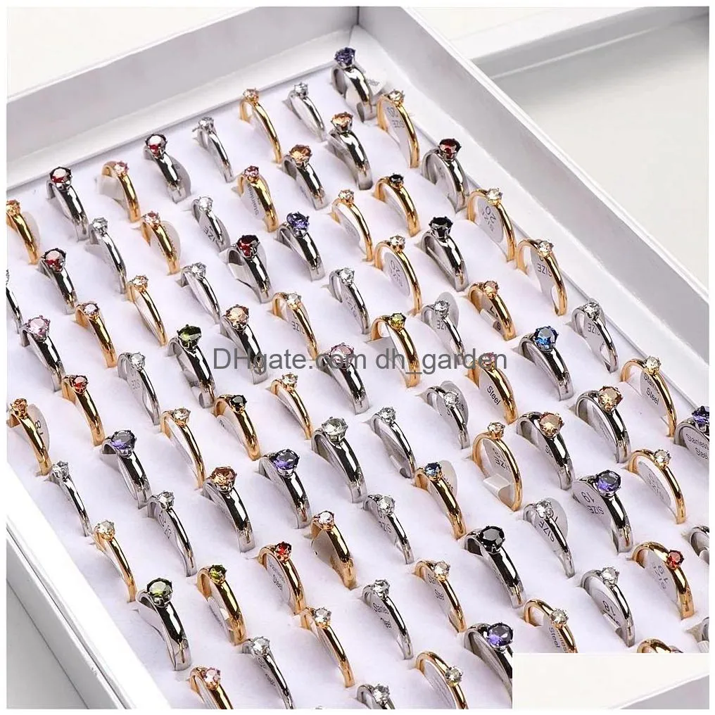 50pcs/lot fashion colorful heart zircon stainless steel rings for women gold silver color engagement wedding jewerly party gift