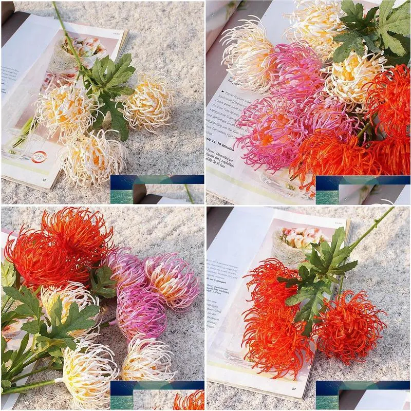 decorative flowers wreaths 3 heads golden chrysanthemum branch plastic artificial flores diy wedding home decoration plant green