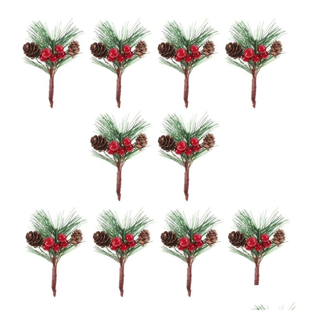 10pcs mini simulation christmas fake pine picks stems artificial creative pine needle berry plant for xmas party home decoration