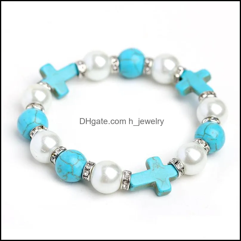 cross charm turquoises men bracelet black stone white beads bracelets bangles for women men yoga jewelry