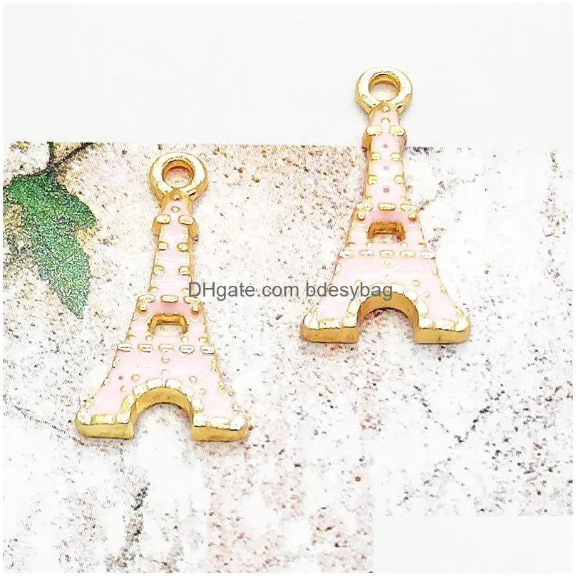 200pcs/lot candy pink enamel eiffel tower charms pendant gold plated 11x21mm for jewelry making diy craft