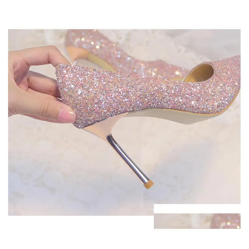 sparkly champagne sequined wedding shoes for bride stiletto heel prom banquet high heels plus size pointed toe shallow bridal shoes