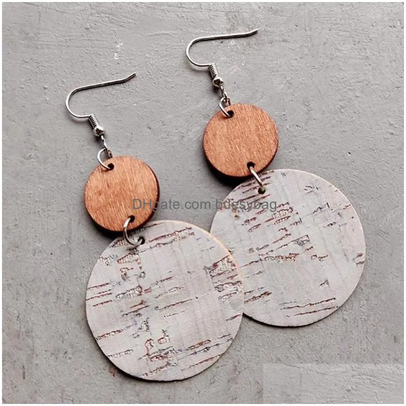 dangle earrings round wood and colored cork leather drop for women 2022 arrival wooden jewelry wholesale