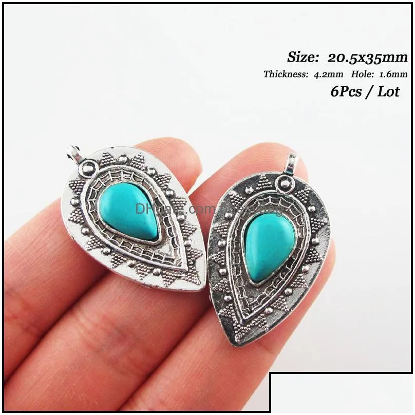 charms fashion turquoise stone flower feather round rudder tibetan silver plated pendants retrocharms