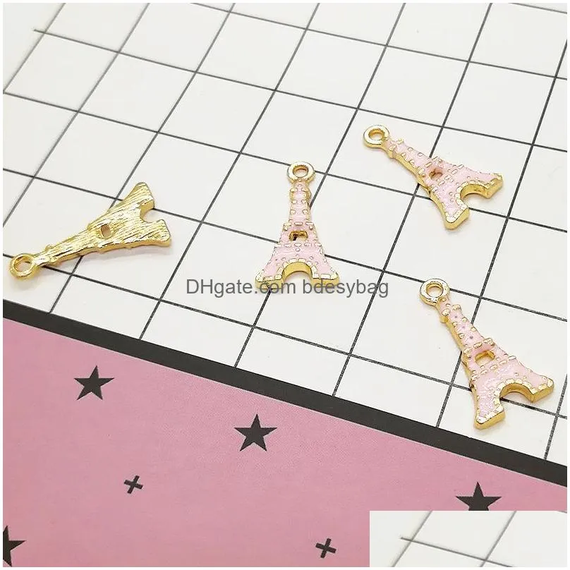 200pcs/lot candy pink enamel eiffel tower charms pendant gold plated 11x21mm for jewelry making diy craft