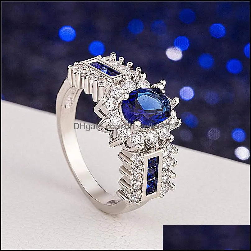 fashion women men ring silver jewelry rectangle sapphire zircon gemstone finger ring for wedding engagement wholesale accessories