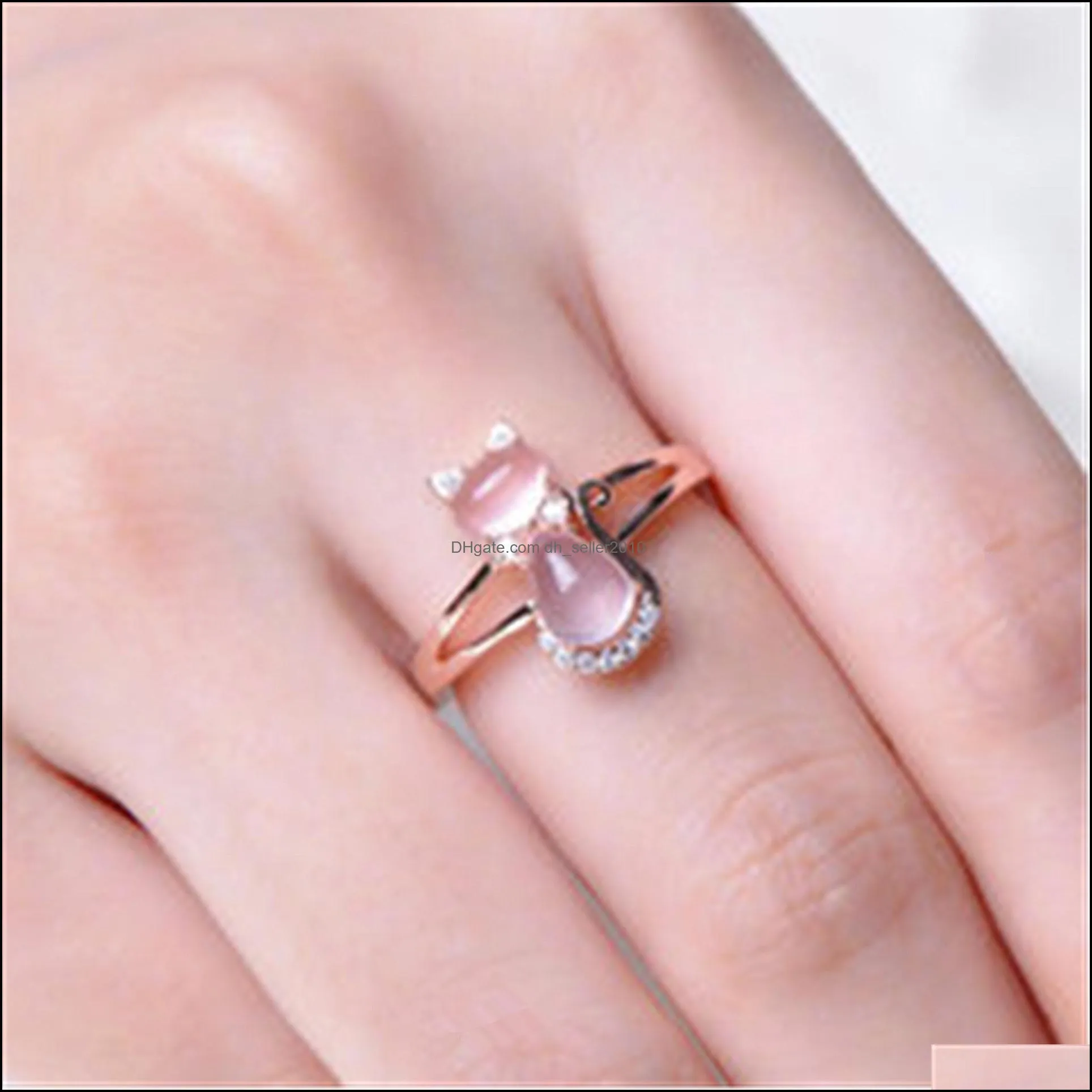 pink crystal cat ring ladies cute cat kitten pet silver ring jewelry birthday vintage rose gold pink quartz rings