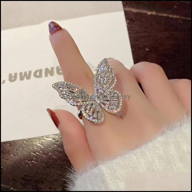 shining butterfly adjustable ring for women crystal acrylic inlay fashion party hand accessories jewelry silver rings