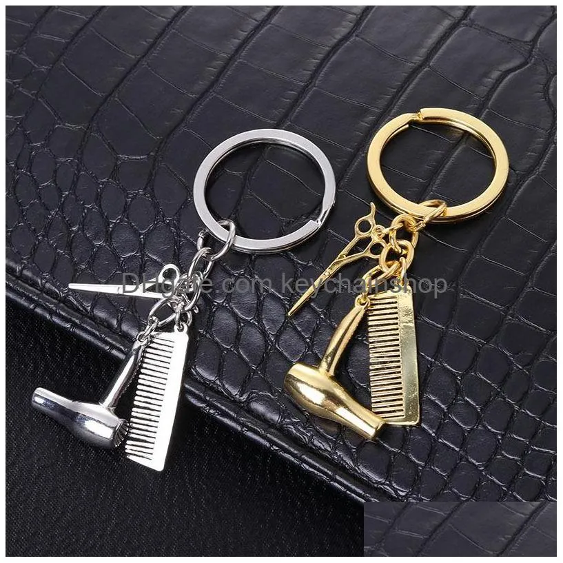 personality couple key chain hair dryer combs scissors pendant keychains tools hair blow key ring jewelry christmas gift 1036 q2