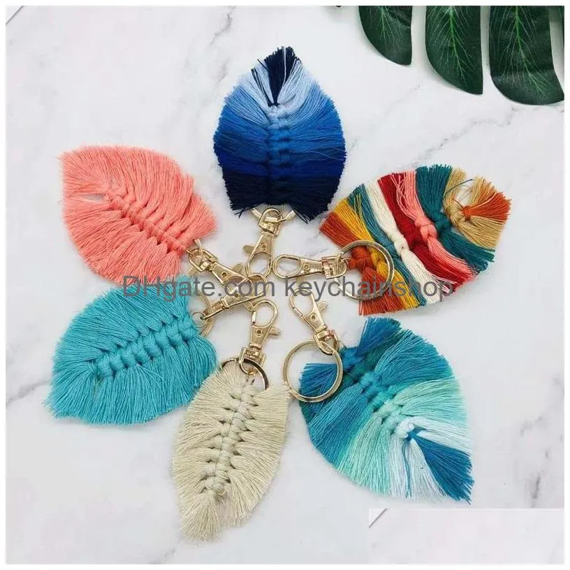 bohemian beach keys chains tassel key ring party favor gifts keyrings hand woven leaf bag accessories rope leaf pendant 1613 t2