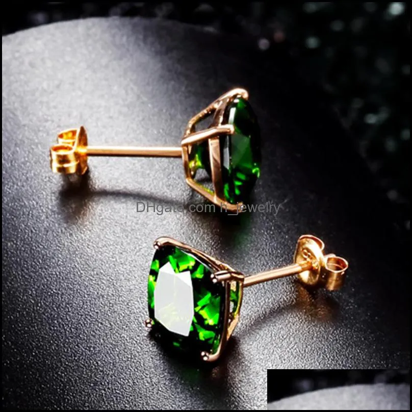 square emerald earrings for women and men small stud earrings fine needle fourclaw silver earring