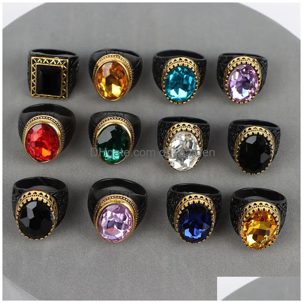 fashion luxury black imitation gemstone metal jewelry rings for women men mix style party gifts wholesale