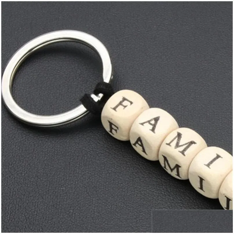 wood key rings automobile pendant letter rectangle bead keychain women men small gifts love family believe 2 2qh q2