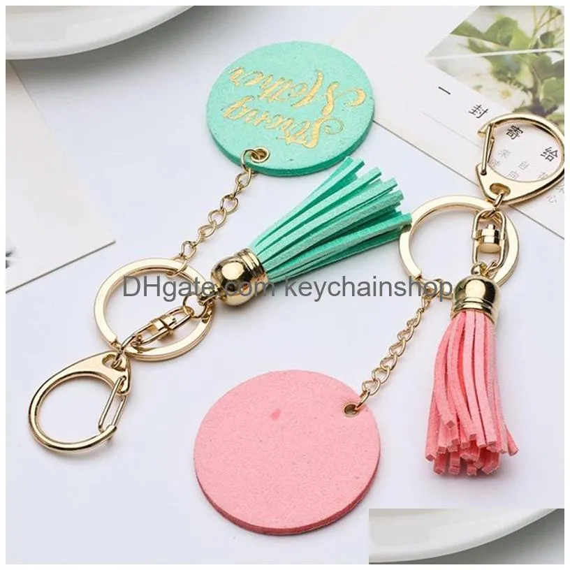 disc tassel keychain bronzing letter pendant leather key chain bag pendants mother day party gift supplies 5 colors 1254 b3