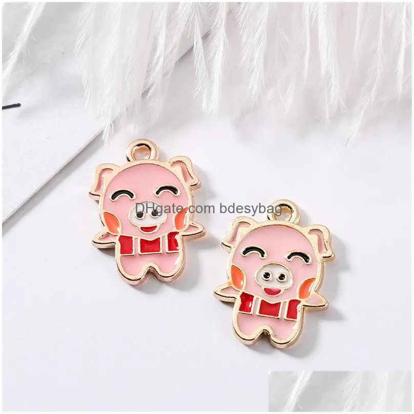 100pcs/lot enamel pig charms pendant farm charms pig family pink necklace findings diy jewelry accessories