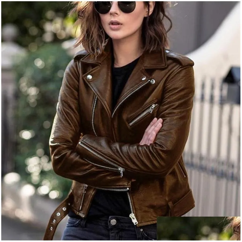 punk women cool faux leather jacket long sleeve zipper fitted coat fall short solid lapel female moto biker 2021