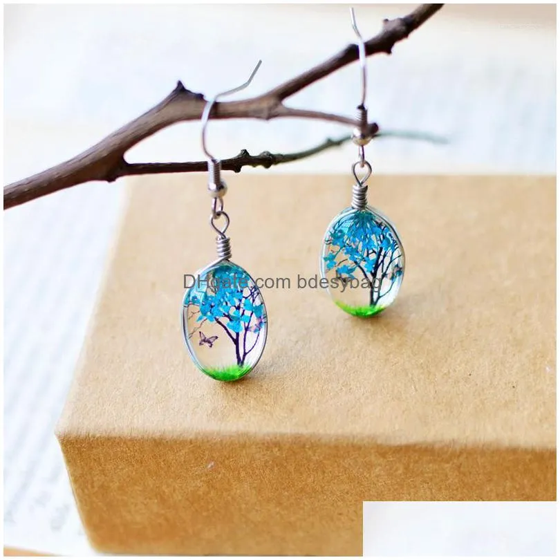 dangle earrings unqiue dried flower for women girls unique natural real drop fashion tree of life glass earring jewelry wholes