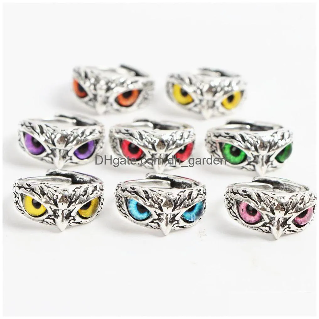 punk vintage colorful owl eye adjustable open rings jewelry for women men mix style color party gifts wholesale 36pcs/lot