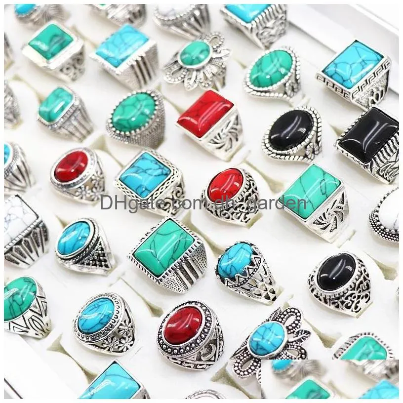 fashion turquoise stone antique silver rings for mens womens jewelry mix style size 17mm to 21mm