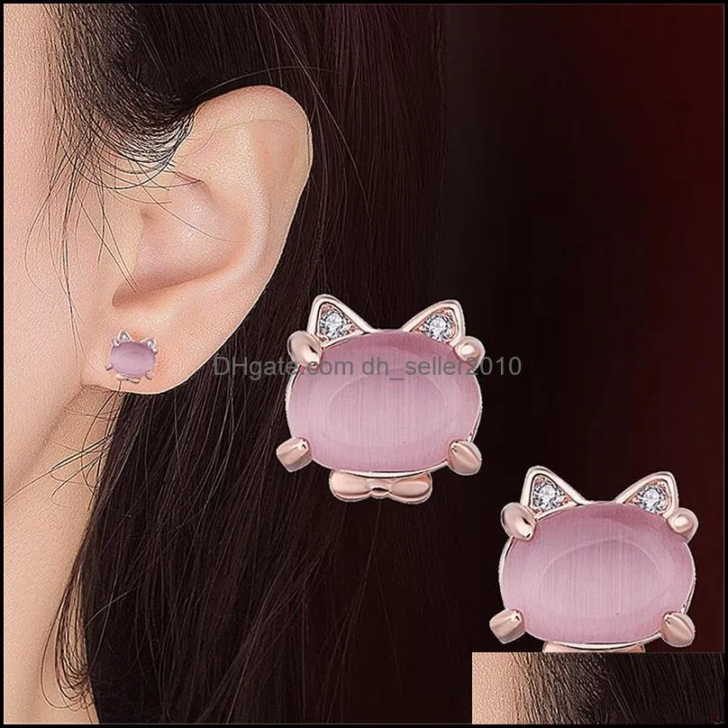 jewelry fashion ladies earrings pink hibiscus stone cute cat stud earrings girl ladies gifts