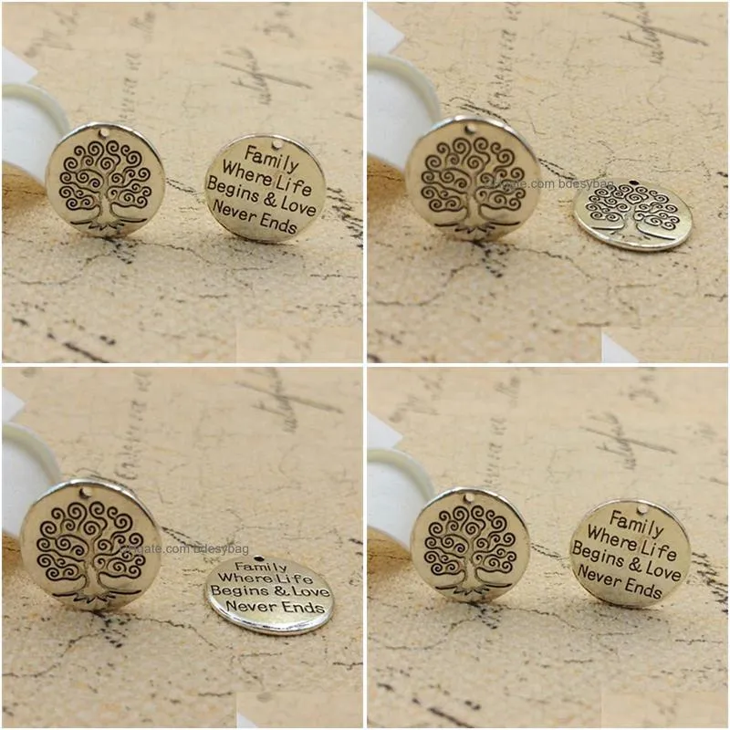 100pcs/lot tree of life charms pendant family where life begins love never ends charms 20mm