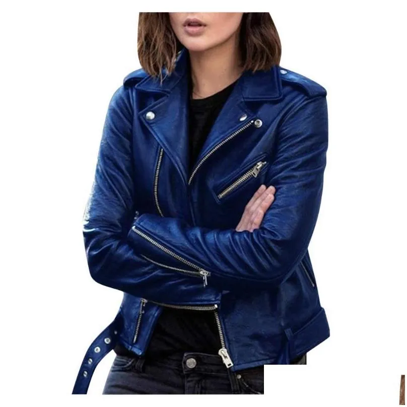 punk women cool faux leather jacket long sleeve zipper fitted coat fall short solid lapel female moto biker 2021