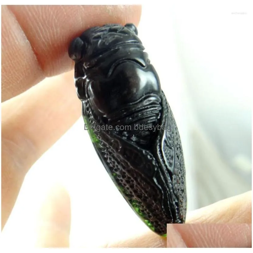 charms 46 18 11mm wholesale natural chinese black green stone handcarved statue of cicada amulet pendant necklace