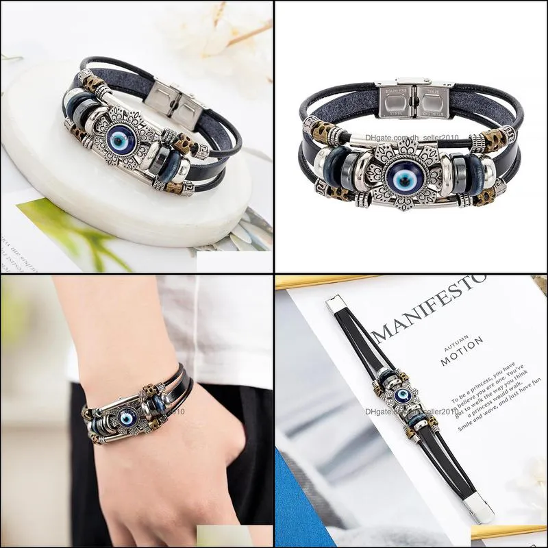 turkish evil eye bracelet stainless steel bend multilayer leather bracelet punk style flower jewelry bangle bracelet for men