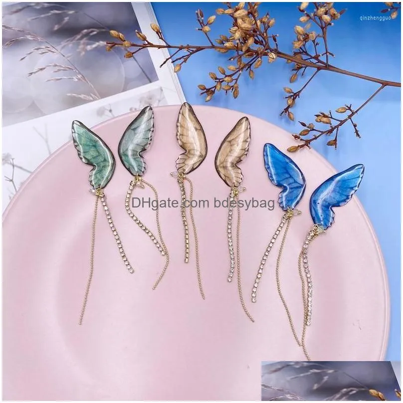 dangle earrings minar fairy clear resin butterfly for women rhinestones long tassel simulation wing wedding jewelry