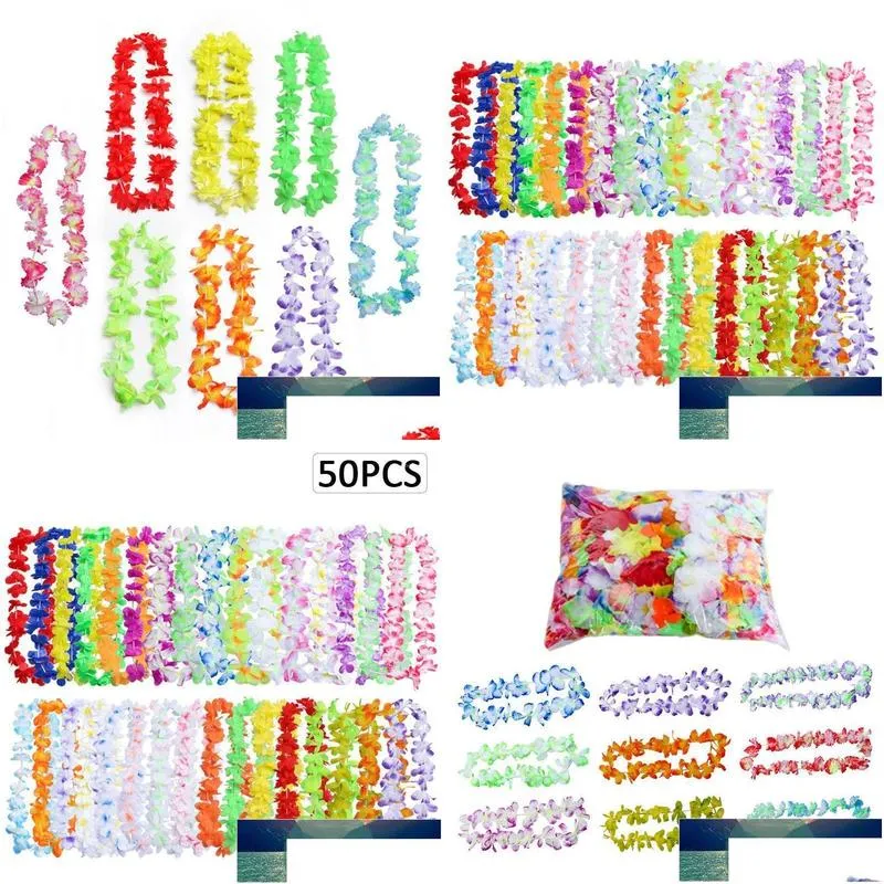 decorative flowers wreaths 50pcs hawaiian leis garland artificial necklace hawaii party supplies beach fun wreath diy gift