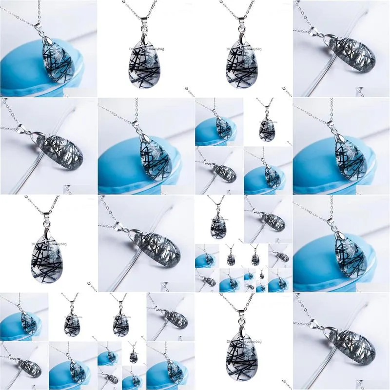 pendant necklaces natural genuine black rutilated quartz gems stone crystal water drop bead woman men