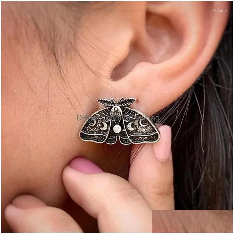 stud earrings 2022 moth silver color moon phase for women female occult fashion jewelry goth insect gifts
