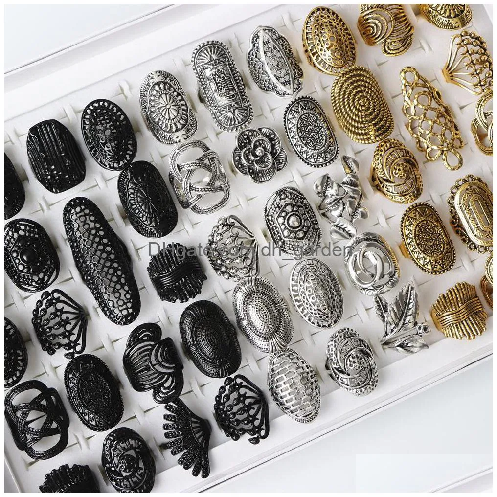 wholesale vintage carved flower silver gold plated jewelry metal rings for women size 17mm to 20mm mix style