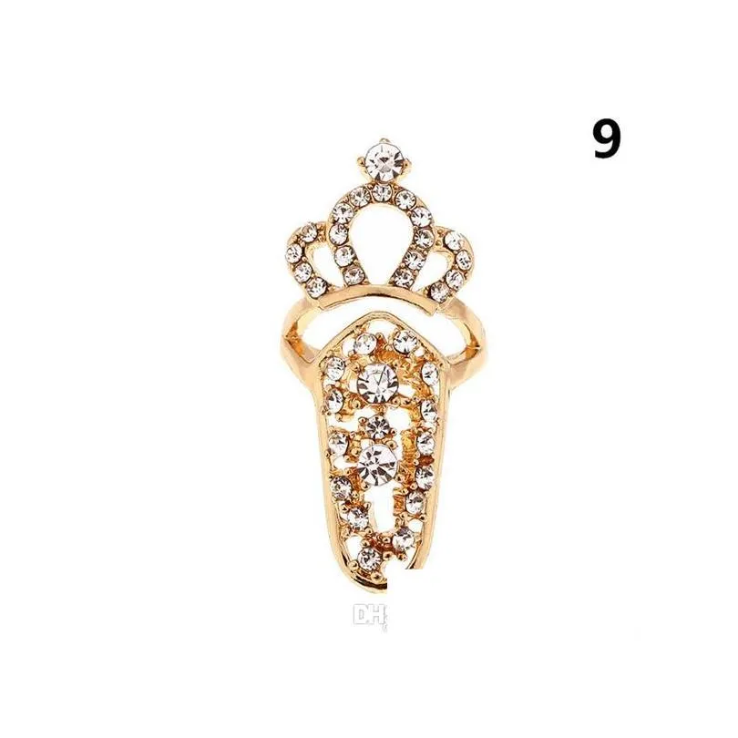 bowknot nail ring charm crown flower crystal finger nail rings for women lady rhinestone fingernail protective fashion jewelry