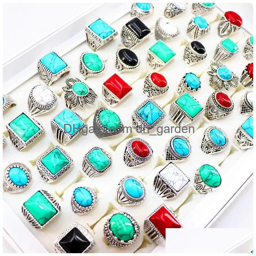 fashion turquoise stone antique silver rings for mens womens jewelry mix style size 17mm to 21mm