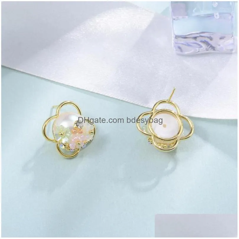 stud earrings women floral freshwater pearl candy color baroque female statement brinco wedding ear nails fashion jewelry