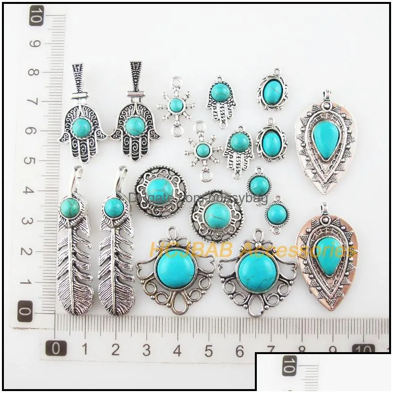 charms fashion turquoise stone flower feather round rudder tibetan silver plated pendants retrocharms