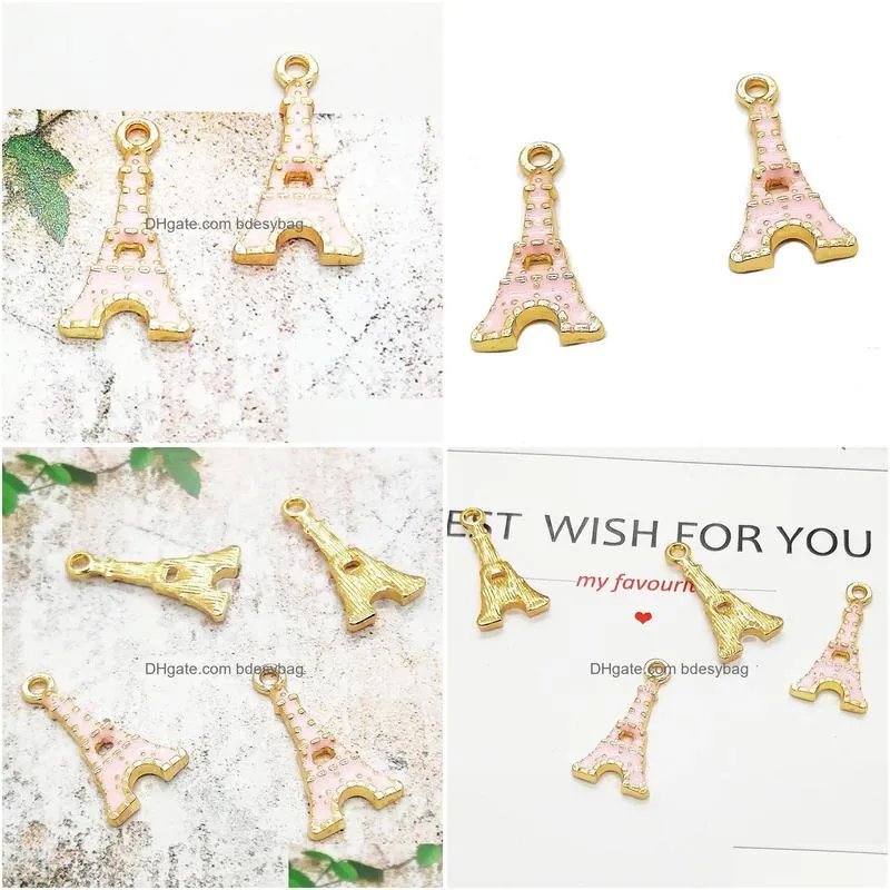 200pcs/lot candy pink enamel eiffel tower charms pendant gold plated 11x21mm for jewelry making diy craft
