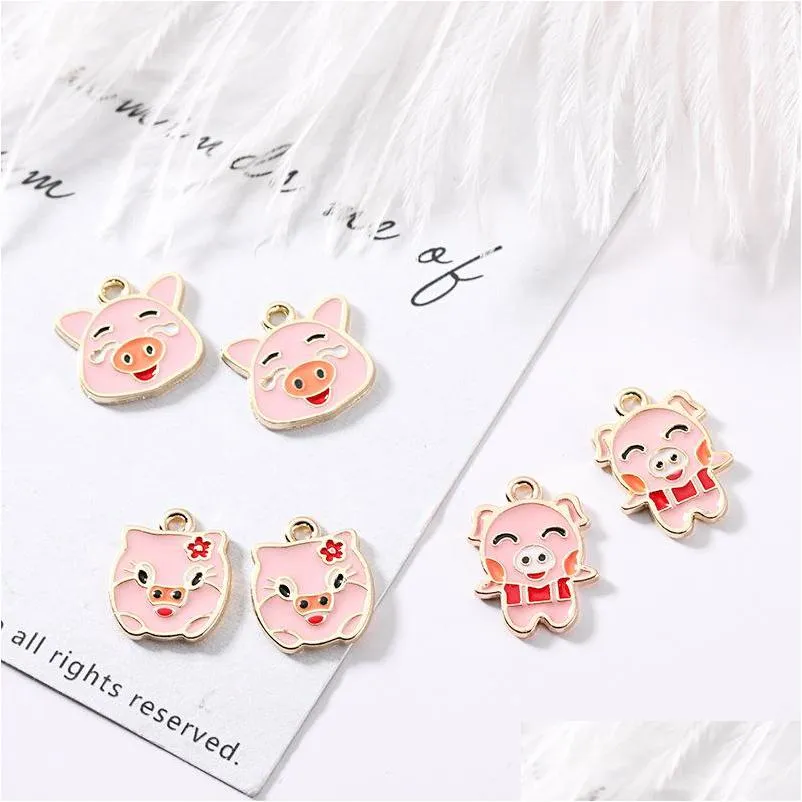 100pcs/lot enamel pig charms pendant farm charms pig family pink necklace findings diy jewelry accessories