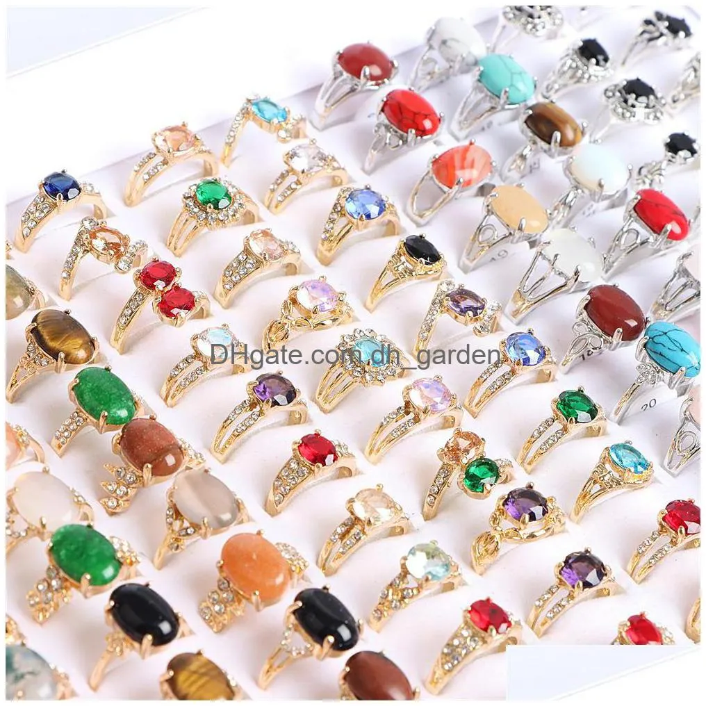 20pcs/lot fashion colorful rhinestone nature stone rings jewelry for women men wedding gold silver plated mix size style party gift